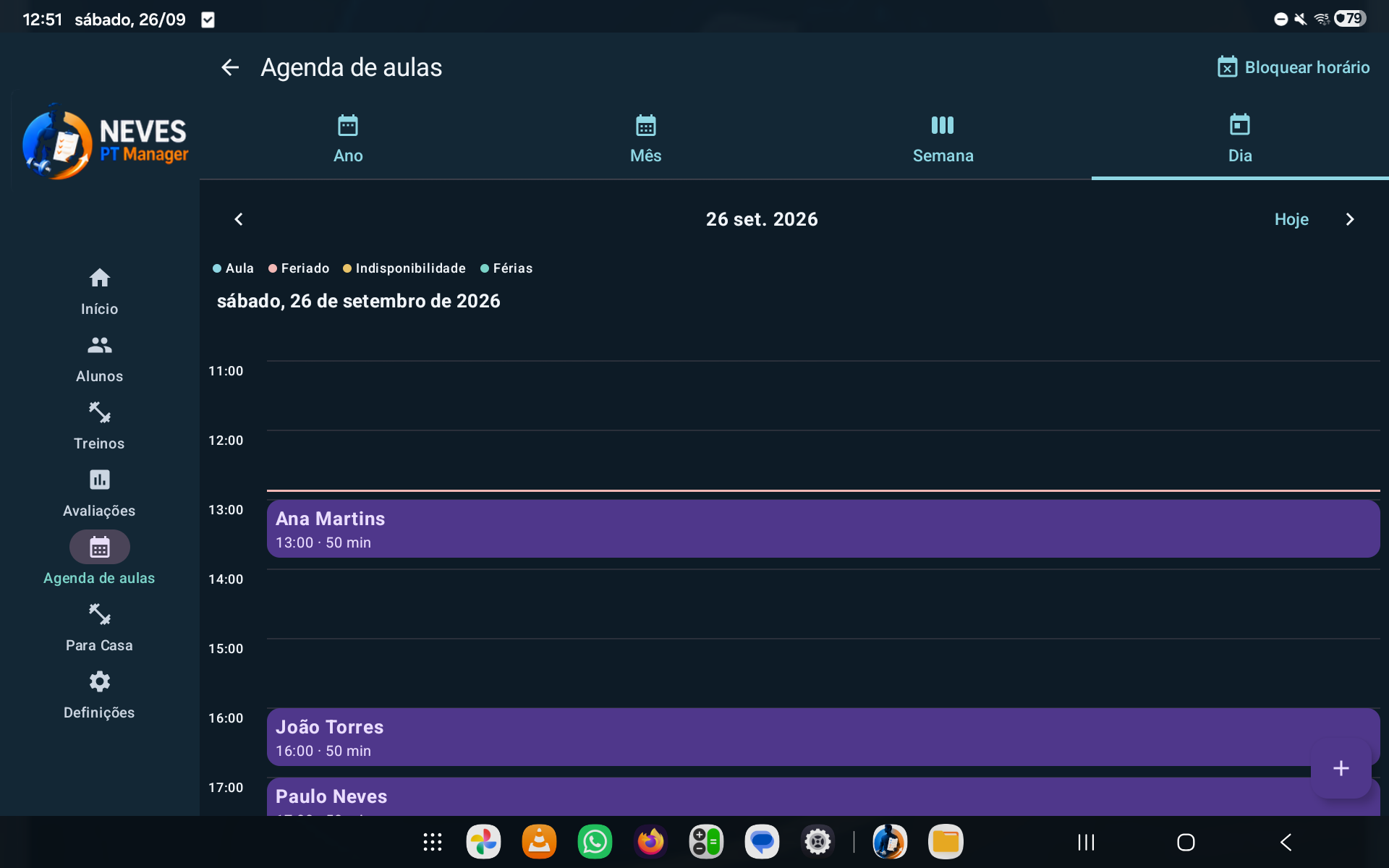 Calendário de agenda de aulas no tablet