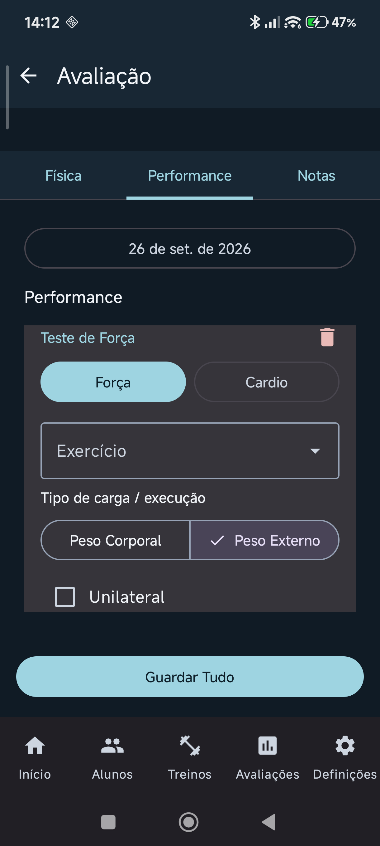 Registo de teste de performance no telemóvel
